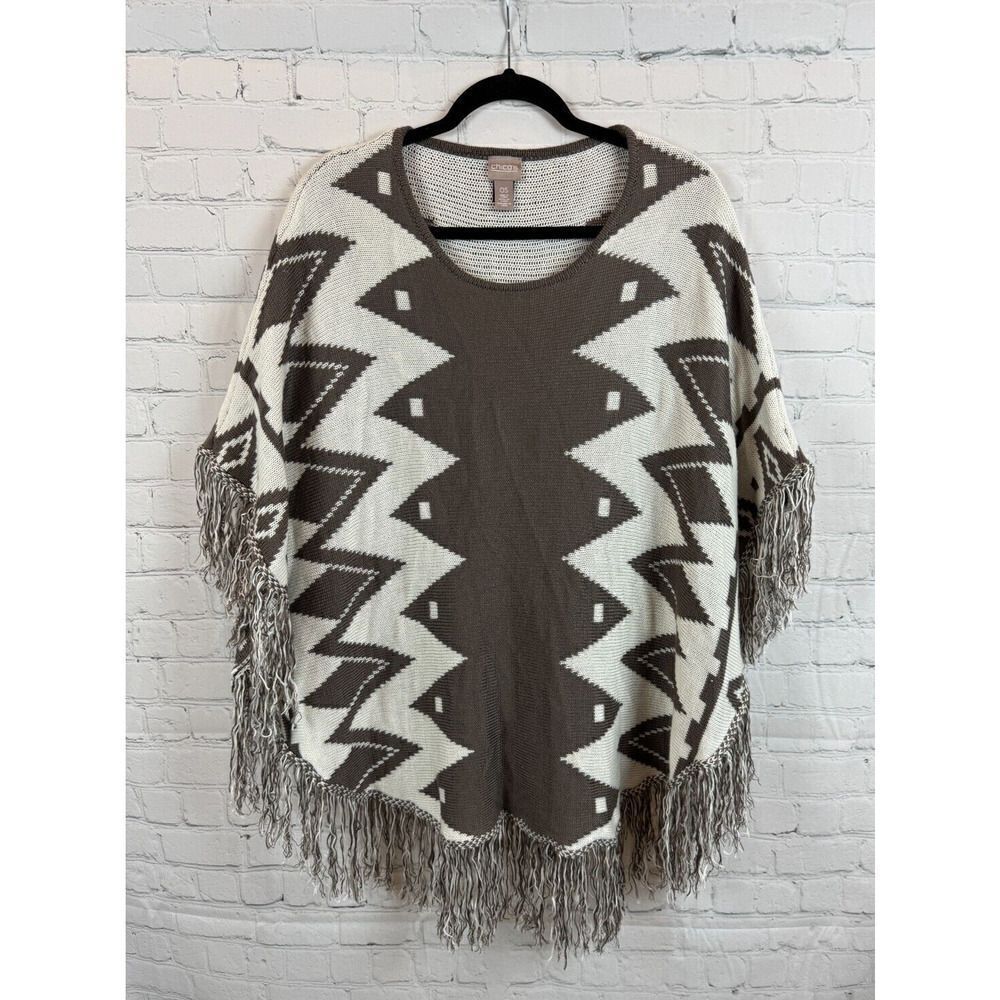 CHICO'S white gray fringe knit geometric cape poncho sweater pullover OS NWOT